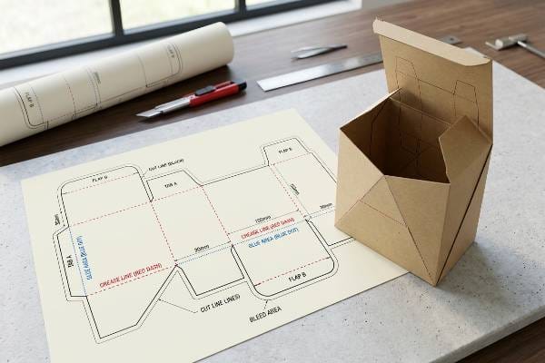 Kraft paper box prototype and dieline template, showing Cut Line, Crease Line, Glue Area, next to a craft knife and ruler.