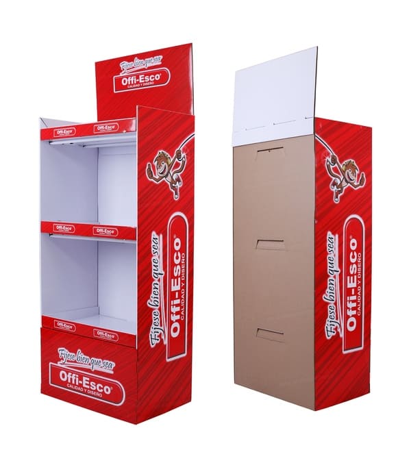 Rear view of the corrugated retail fixture showing the structural back panel and durable assembly points.