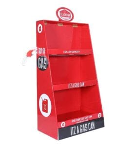 rotes, dreistöckiges Pappdisplay für Benzinkanister