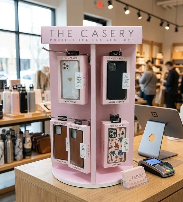 一个粉红色的瓦楞纸板展示架，上面摆满了手机壳，放置在零售收银台上，以吸引顾客冲动购买。.