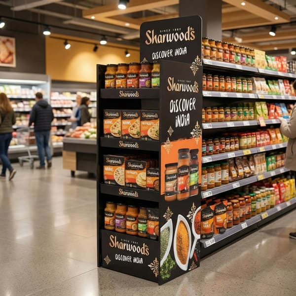一个定制的纸板落地展示架，里面摆满了 Sharwood's 的各种酱料和香料，巧妙地放置在杂货店的过道中。.