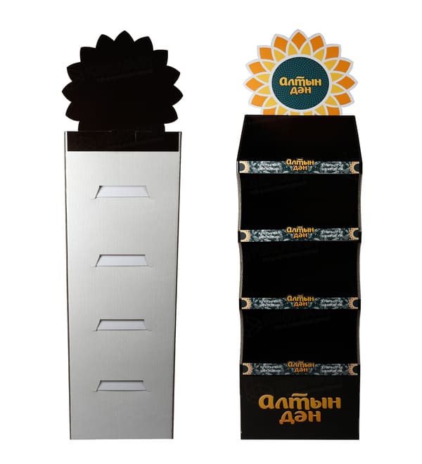 Вид спереди и сзади картонной конструкции FSDU, демонстрирующий пазы для конструктивной сборки и высококачественную черную печать.