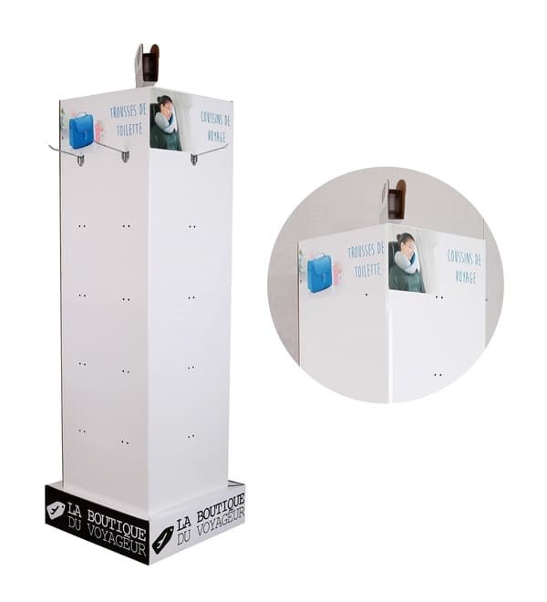 Two views of a retail FSDU for travel merchandising including a side profile and a front-facing peg hook configuration.