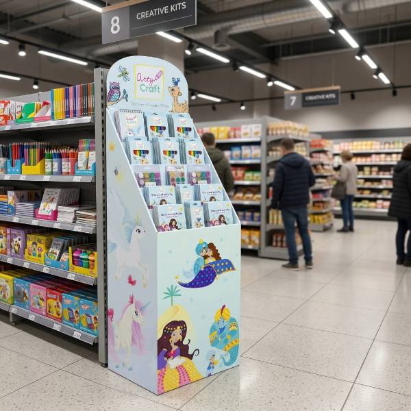 Специально изготовленная картонная напольная витрина, полностью заполненная наборами для творчества Arty Craft, размещена в конце ряда с игрушками в супермаркете для лучшей видимости.