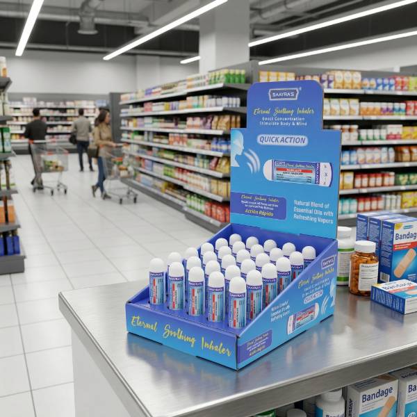 retail pharmacy shelf cardboard display render