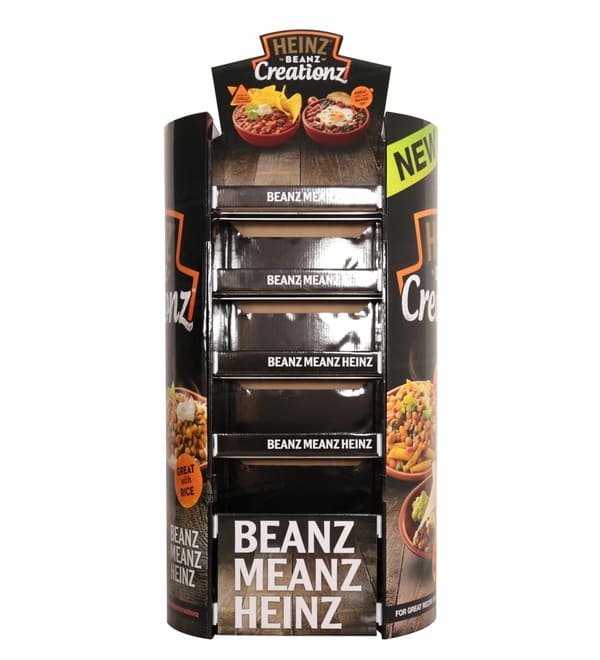 两张黑色零售 POP 展示架的图片，展示了亨氏豆类产品的结构设计和品牌形象。.