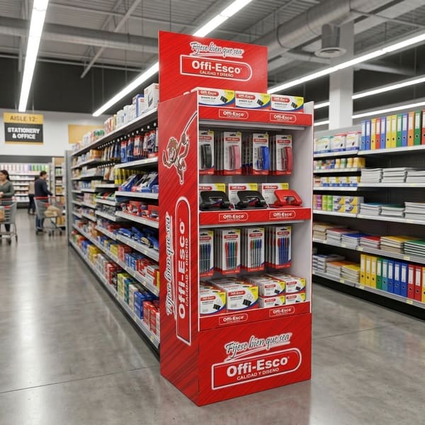 A fully stocked Offi-Esco cardboard display in a supermarket aisle holding staplers, punchers, and various stationery accessories.
