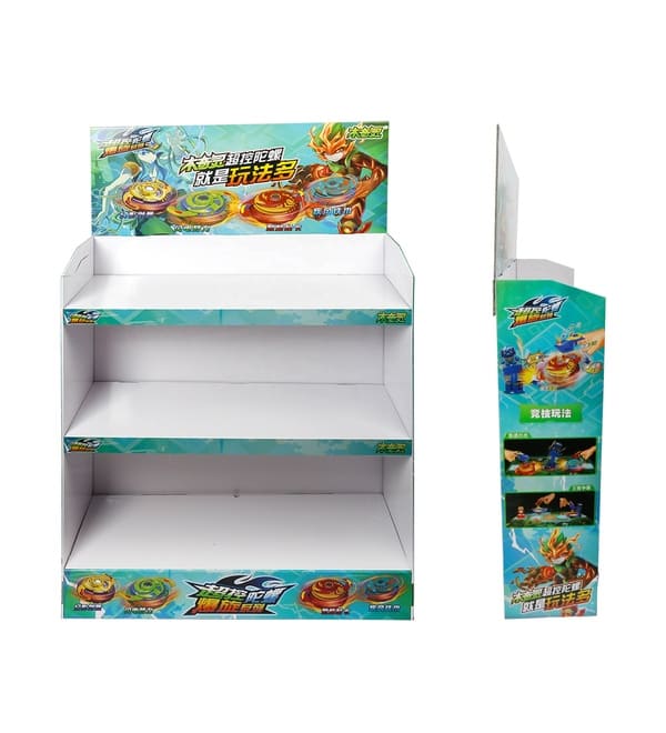 Перспективный вид бирюзовой подставки из гофрированного картона, предназначенной для волчков и коллекционных игровых товаров.