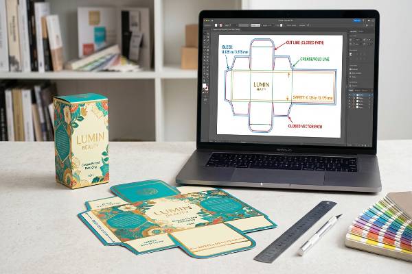 Lumin Beauty teal gold botanical box and custom packaging dieline, with bleed and cut lines, on a MacBook Pro and design tools.