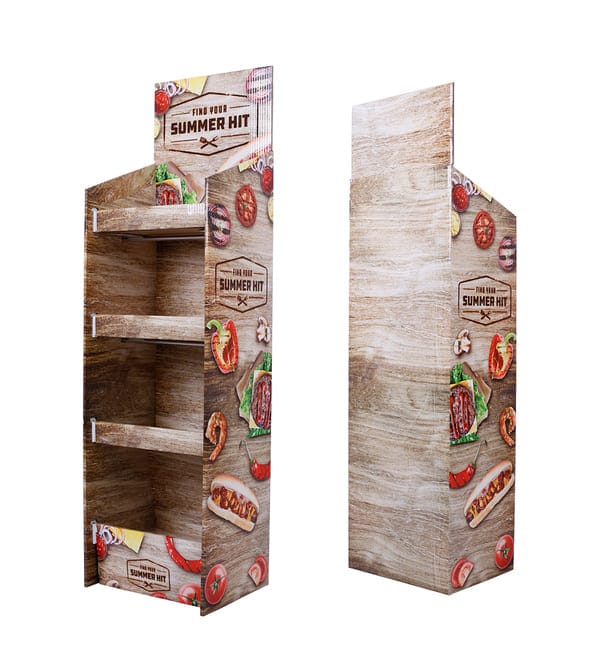 スリムな奥行きと高解像度の食品をテーマにした印刷が特徴の、耐久性のある波形フロアスタンドの側面図。.