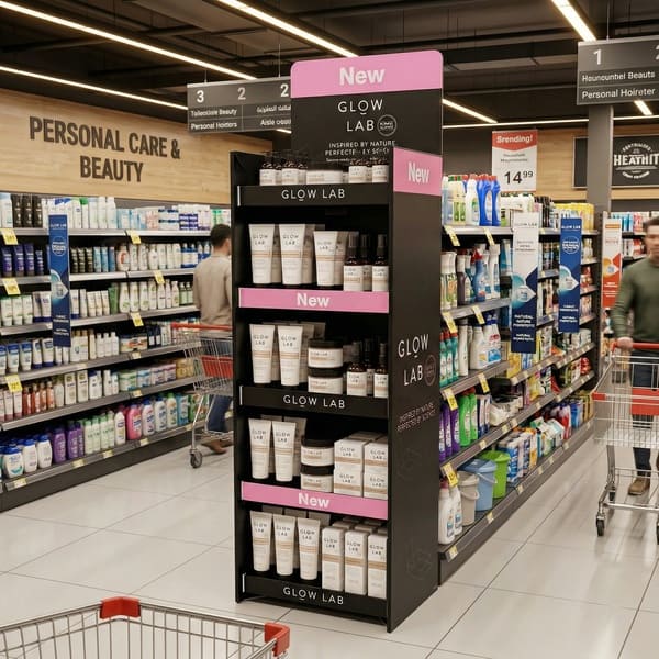 超市个人护理区摆放着护肤品的 Glow Lab 瓦楞纸展示架的 3D 渲染图。.