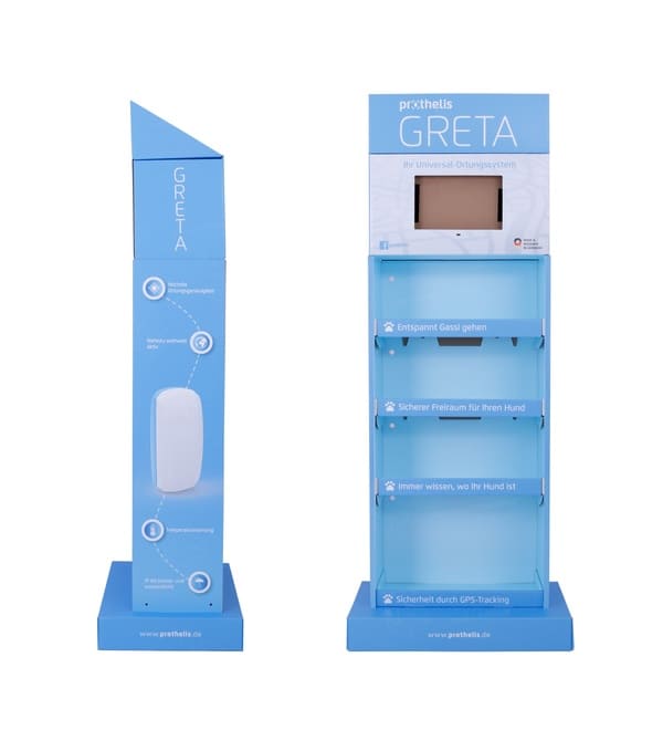 Вид сбоку и спереди на тонкий картонный модульный дисплей для демонстрации фирменной символики и графических панелей, посвященных технологиям для домашних животных.