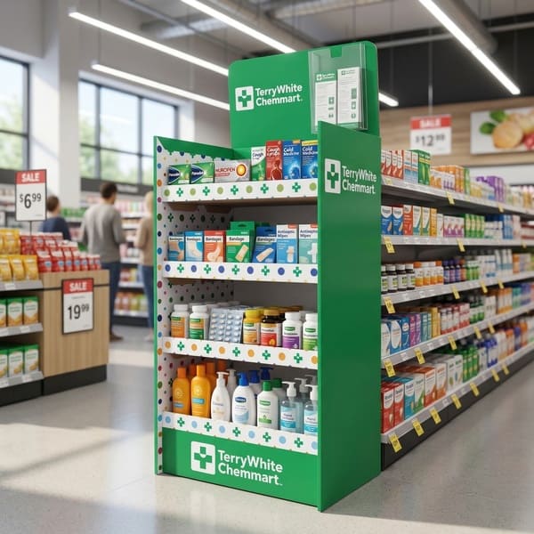 小売通路にビタミン、絆創膏、スキンケア製品が並べられた緑色の段ボールの陳列を示す 3D スーパーマーケット レンダリング。.