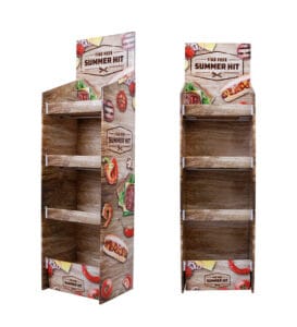 কাঠের দানার ফিনিশ সহ একটি ৪-শেল্ফের ঢেউতোলা কার্ডবোর্ড ডিসপ্লে এবং "ফাইন্ড ইওর সামার হিট" বারবিকিউ গ্রাফিক্স।.