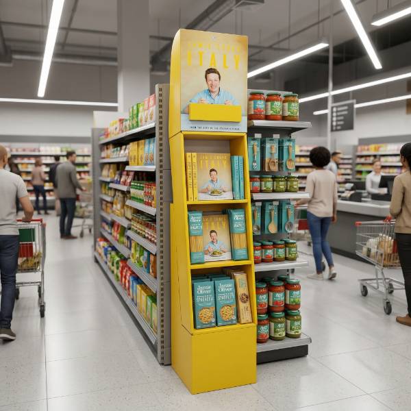 スーパーマーケットの通路用段ボール製ディスプレイのレンダリング