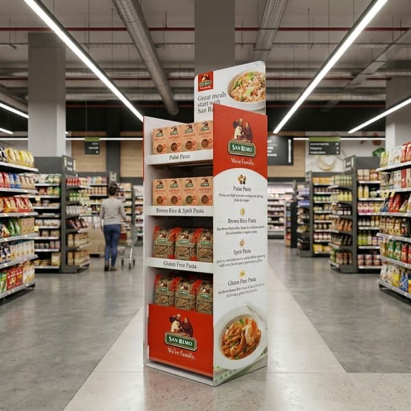 عرض ثلاثي الأبعاد احترافي لشاشة عرض من الورق المقوى المموج للمعكرونة، موضوعة بشكل استراتيجي في ممر متجر البقالة لتحقيق أقصى قدر من تفاعل المتسوقين.