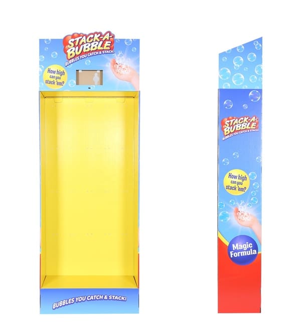 シャボン玉液などの小さなおもちゃアイテムを展示するための段ボール製ペグフックの正面と側面のプロファイル。.