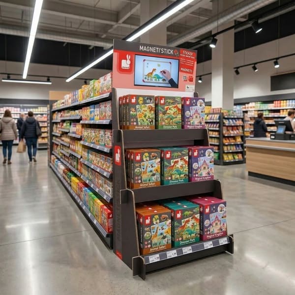 Профессиональный макет торгового зала в супермаркете: трехъярусная картонная напольная витрина с коробками игрушек.