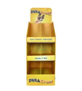 Front view of a 3-tier yellow cardboard display for Dura Sport pet toys with custom printed dog graphics.