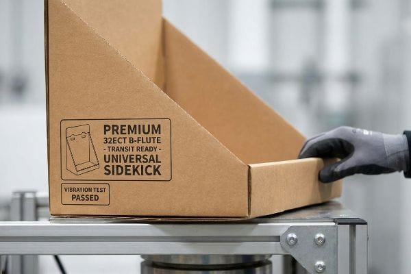 Kraft Universal Sidekick display, labeled Premium 32ECT B-Flute, Transit Ready, and Vibration Test Passed.