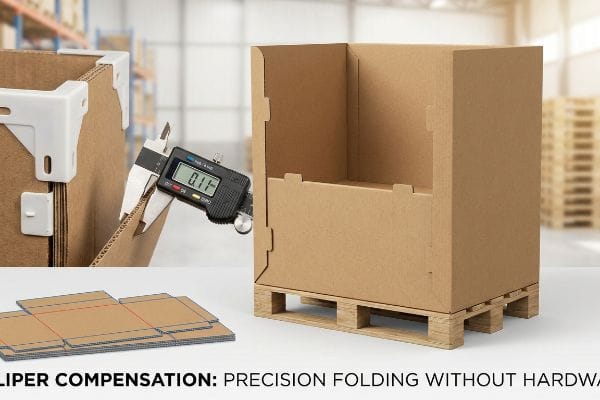 Digital caliper measuring 0.11 inches of corrugated board thickness, illustrating Caliper Compensation for Precision Folding Without Hardware on a quarter pallet display.
