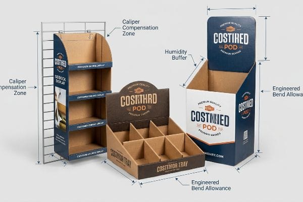 Corrugated cardboard retail displays, including a sidekick, countertop tray, and floor display, branded Costihred Pod and Costimor Tray, with annotations for Caliper Compensation Zone, Humidity Buffer, and Engineered Bend Allowance.