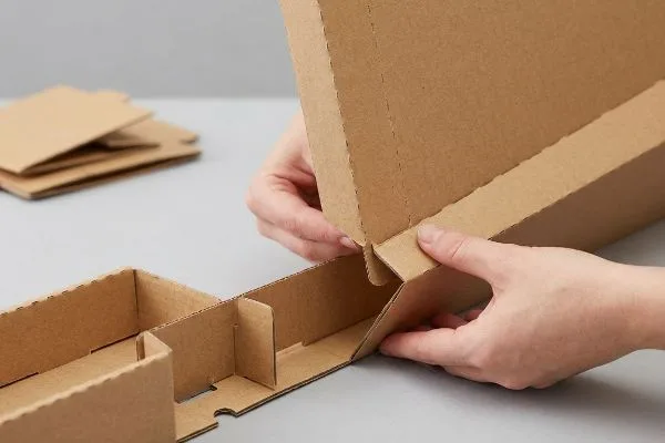 Se están montando unas manos que forman un expositor de cartón corrugado marrón, doblando paneles premarcados y encajando las pestañas para formar una base segura.