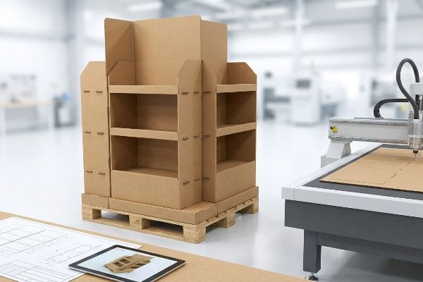 A brown corrugated cardboard pallet display prototype on a wooden pallet, with a CNC machine cutting cardboard and a tablet displaying a 3D model of a dieline.