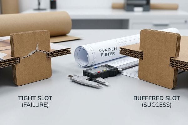 Corrugated cardboard shows a Tight Slot (Failure) vs. a Buffered Slot (Success), with a 0.04 Inch Buffer blueprint and caliper.