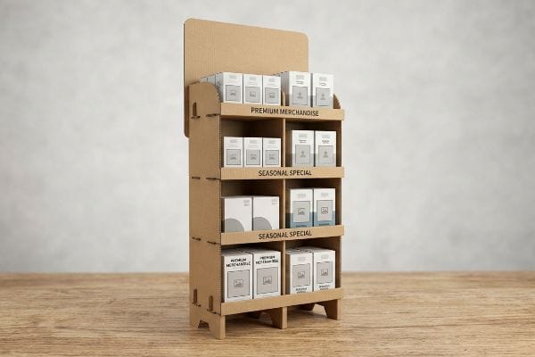 白い製品ボックスを備えた段ボール製POPディスプレイスタンド。 