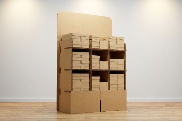 Corrugated cardboard POP display stand filled with small brown boxes on a wooden floor against a white wall.