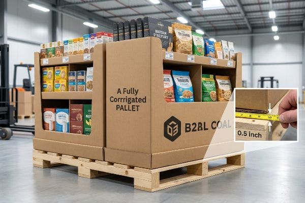 Brown corrugated pallet display, labeled