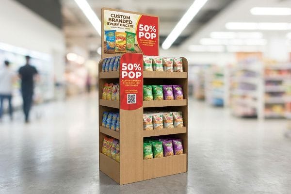 Corrugated cardboard POP display stand in a supermarket aisle, featuring 'Custom Branded Every Bacto!' and '50% Pop' messaging on snack bags.