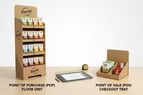 Corrugated Fraechs Point of Purchase (POP) Floor Unit with snacks and Point of Sale (POS) Checkout Tray, alongside design tablet and measuring tools.