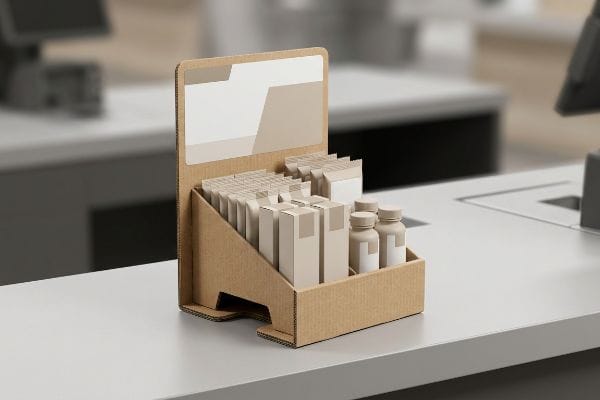 Corrugated cardboard POS display unit on a retail counter, featuring beige product boxes and bottles, designed for impulse conversion.