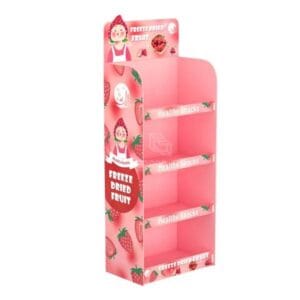 特注のピンクのイチゴ柄段ボール製ディスプレイ