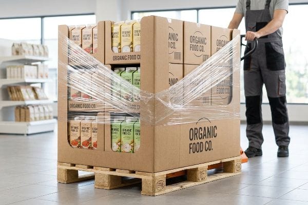 Display-ready pallet of Organic Food Co. products, wrapped in plastic transit shroud, on a wooden Euro pallet for retail.