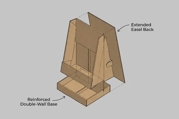 Diagrama estructural del soporte de cartón que muestra un respaldo tipo caballete extendido y una base reforzada de doble pared para mayor estabilidad.