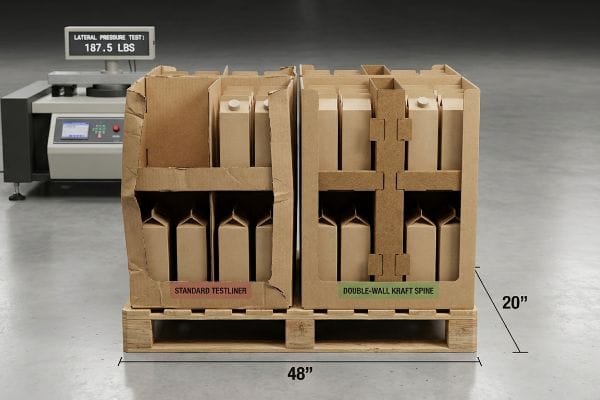 Two half-pallet displays, Standard Testliner and Double-Wall Kraft Spine, undergoing a Lateral Pressure Test of 187.5 Lbs.