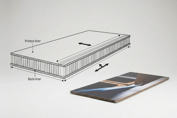 印刷ライナー、バックライナー、および実物サンプルを示す、バランスの取れた段ボール二重構造の図。.