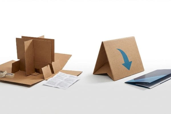 一块部分折叠的棕色瓦楞纸板展示板，附带组装说明，旁边是一个组装好的画架展示架，上面有一个蓝色的向下箭头。.