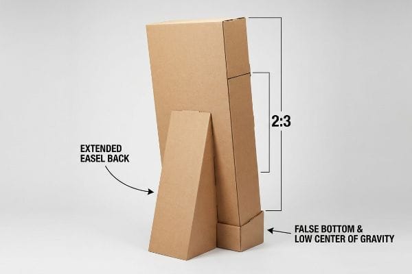 Cardboard display back: Extended Easel Back, False Bottom, 2:3 ratio for low center of gravity.