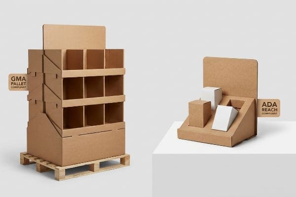 Natural brown corrugated cardboard displays, featuring a large GMA Pallet Compliant floor unit and a smaller ADA Reach Compliant countertop POP display.