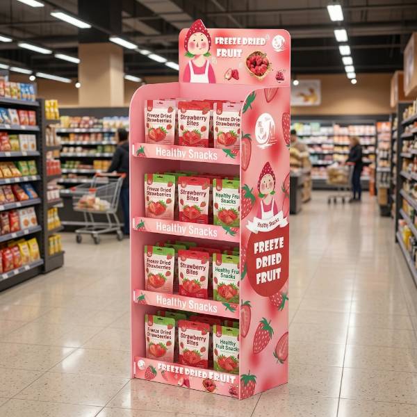 食料品店の通路用段ボール製ディスプレイのレンダリング