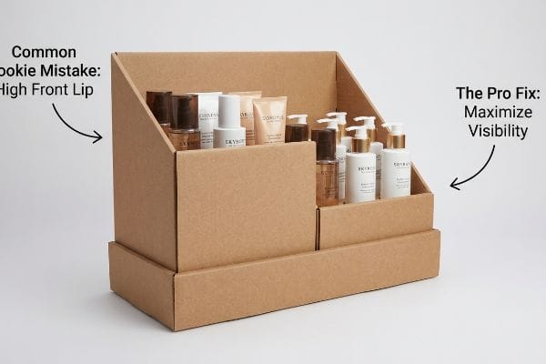 Corrugated cardboard display shows a Common Rookie Mistake: High Front Lip obscuring products, contrasted with The Pro Fix: Maximize Visibility via low-profile lip.