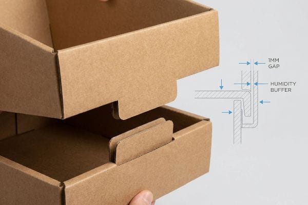 Brown corrugated cardboard boxes showing interlocking tabs with a diagram illustrating a 1mm Gap and Humidity Buffer.