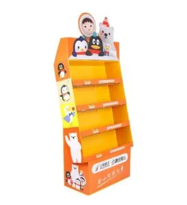 Expositor de papelão laranja com 4 prateleiras para brinquedos