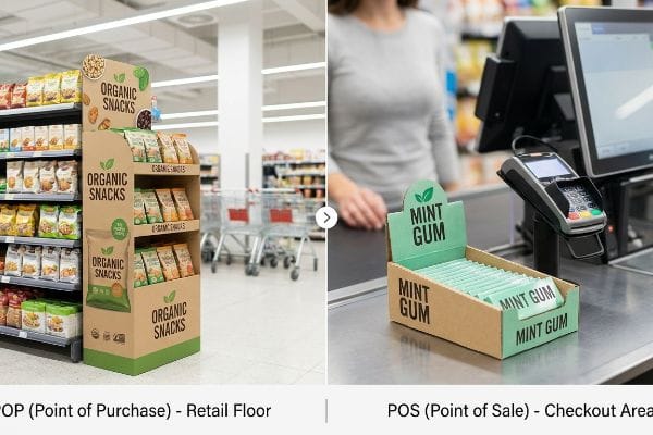 This image illustrates the difference between a retail floor POP display for 'Organic Snacks' and a checkout counter POS display for 'Mint Gum' with a payment terminal.
