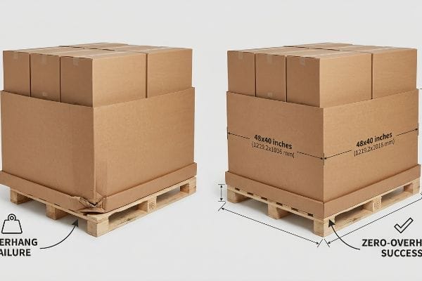 Two palletized stacks of cardboard boxes illustrate Overhang Failure versus Zero-Overhang Success on 48x40 inch pallets.