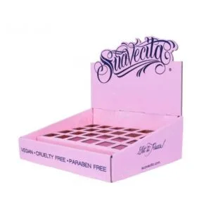Expositor de cartón rosa Suavecita para cosméticos